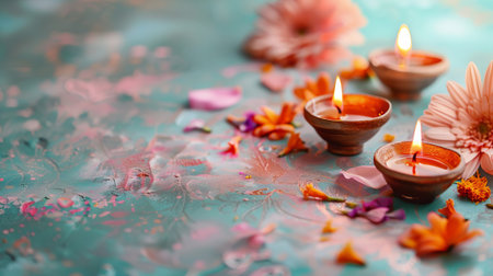 Diya oil lamps and blue background. Warm and inviting Diwali mood. Copy placeの素材