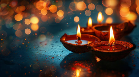 A group of Diya oil lamps are lit in a blue background. The candles creating a warm and inviting Diwali atmosphere.の素材
