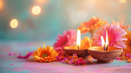Diya oil lamps and flowers on pink background. Warm and inviting Diwali mood. Copy placeの素材