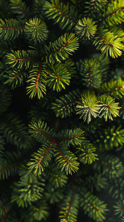 A close up of a Christmas trees and the tree appears to be in a forest. Concept of tranquility and natural beautyの素材