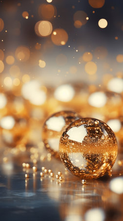 A close up of a gold ball with a lot of glitter on it. The ball is surrounded by many other gold balls, creating a sparkling effect. Concept of luxury and opulence, as the goldの素材