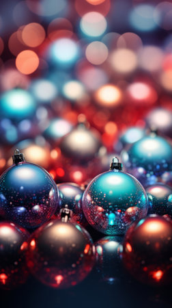 A close up of two blue and red Christmas ornaments. Christmas background.の素材