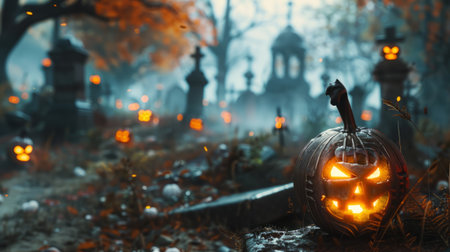 A pumpkin with a scary face is sitting on a grave. The scene is set in a graveyard with many graves and a cemetery. Halloween background.の素材