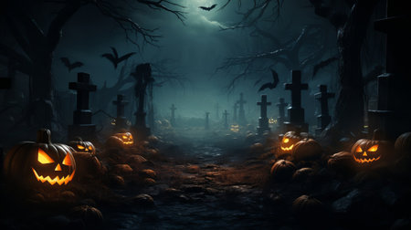A graveyard with a path of pumpkins and crosses. Halloween background horizontal banner.の素材