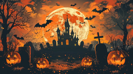 Halloween horizontal background. The sky was painted with an orange hue as the full moon loomed over the castle, accompanied by bats and pumpkins.の素材