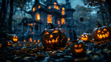 A group of pumpkins are lit up and placed on the ground in front of a house. Scene is spooky and festive, as the pumpkins are associated with Halloweenの素材
