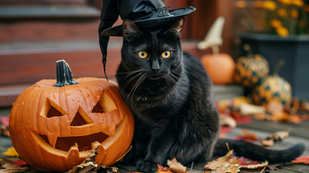 Halloween black cat wearing a witch's hat sits in front of a pile of pumpkins. Scene is spooky and mysteriousの素材