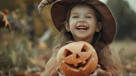 A young girl is holding a Halloween pumpkin and wearing a witch's hat. She is smiling and she is happyの素材