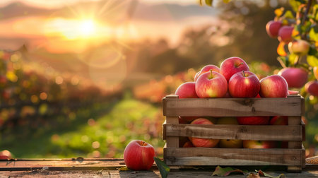 A crate full of apples sits on a wooden table. Concept of abundance and freshness and harvestの素材
