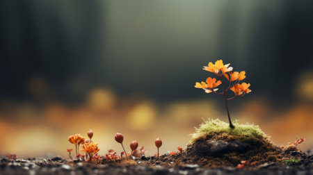 A small tree is growing on a rock in a field of yellow flowers. The image evokes a feeling of autumnの素材