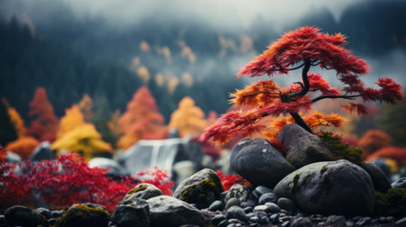 A small tree is growing on a rock in a field of yellow flowers. Concept of growth and resilience, as the tree is able to thrive in a seemingly inhospitable environmentの素材