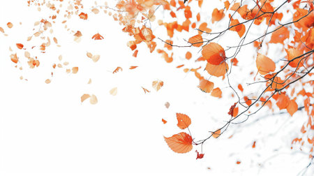 The leaves are orange and scattered all over the ground on white background.の素材