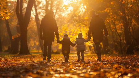A family of four is walking through a park in the fall. The children are holding hands with their parents, and the adults are holding hands with each other. Scene is warm and family-orientedの素材
