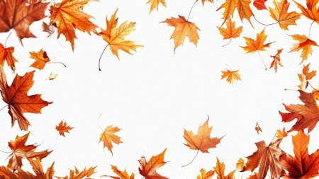 A white background with a lot of orange leaves falling from the sky. The leaves are scattered all over the background, creating a sense of movement and chaos. Copy place.の素材