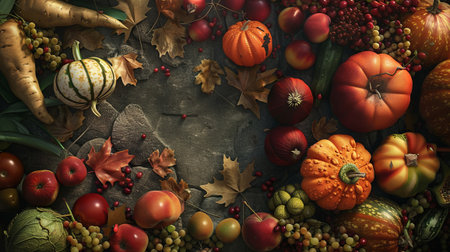 A colorful assortment of fruits and vegetables, including apples, oranges, and pumpkins, arranged on a table. Concept of abundance and freshness and harvestの素材