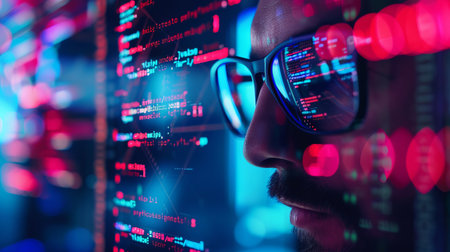 An abstract background featuring a software engineer with a line of code reflecting in their glasses. Concept of programming cyber security businessの素材