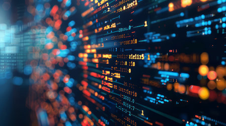 Abstract background of binary software programming code flying in a stream of information. Computer script. Neural network.の素材