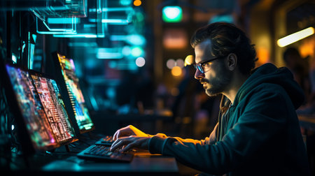 A man is sitting in front of a computer with a keyboard and a monitor. Concept of programming cyber security businessの素材