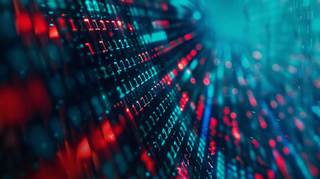 A computer screen with a blue background and red and blue lines. The lines are in the form of binary codeの素材