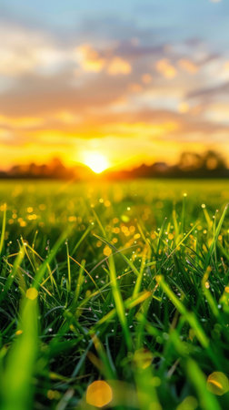A field of grass with a sun shining on it. The sun is setting in the background. The grass is green and the sky is blueの素材