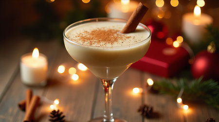Creamy eggnog cocktail in a glass garnished with cinnamon, surrounded by candles, lights, and holiday decor on a wooden table. Cozy atmosphereの素材