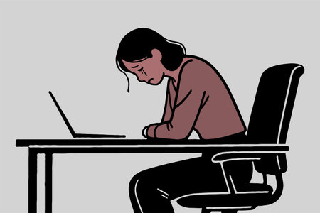 Woman sits with head down at desk in a flat graphic style on gray background, showing burnout, stress, and emotional exhaustion at workの素材