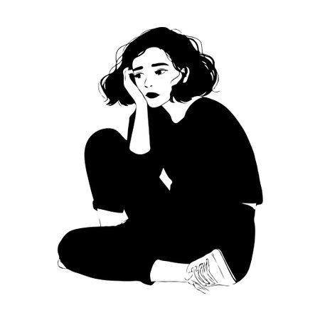 A sad young woman sitting with her hand on her face, black and white drawing style on white background, concept of loneliness and sadness. Mental health concept.の素材