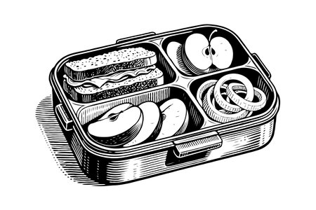 Lunchbox with sandwich, apple slices and onion rings in retro woodcut style on white background. Concept of classic packed meal or lunchの素材