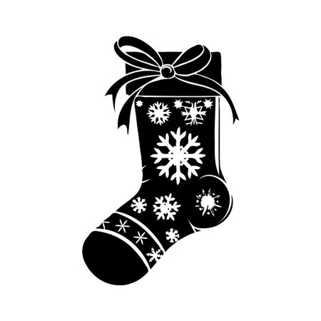 Silhouette of a Christmas stocking decorated with snowflakes and a bow on a white background. Represents festive winter holiday themesの素材