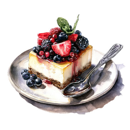 Slice of cheesecake topped with mixed berries and mint, watercolor style, on a plate with spoon, white background, dessert and sweets conceptの素材