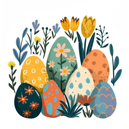 Colorful floral pattern with decorated Easter eggs and flowers on light background.の素材