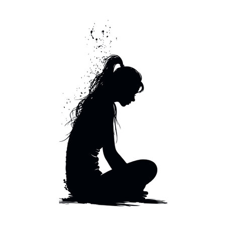 Silhouette of a seated depressed girl on a white background. Concept of sadness or loss shown in a minimalist styleの素材