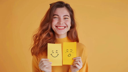 Emotional intelligence concept. Female holding happy and angry emoji. Feedback rating, balance emotion control, mental health assessmentの素材