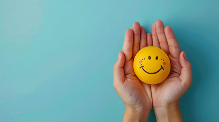 World Mental Health day banner. Concept of self care, happiness, harmony, creative mind. Hands holding yellow happy smile face on blue background. Copy spaceの素材