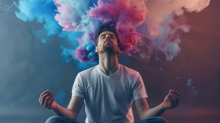 A man is sitting in a room, he is meditating and he is in a tranceの素材