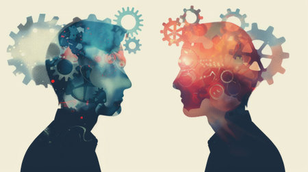 Two silhouette profiles face each other, filled with gears and vibrant abstract designs on a bright neutral background, concept of innovation, emotional intelligence.の素材