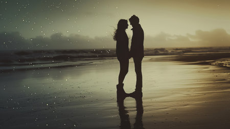 Silhouette of a couple holding hands on a serene beach during sunset, with sparkling lights in the air, evoking romanceの素材
