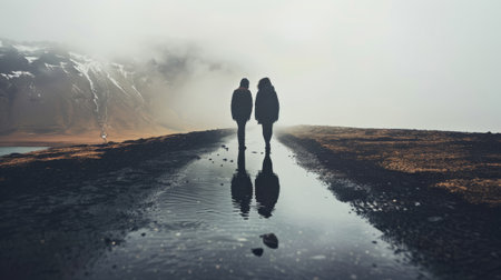 Two people walking on a misty road surrounded by mountains, their reflections visible in a puddle. Atmospheric and serene sceneの素材