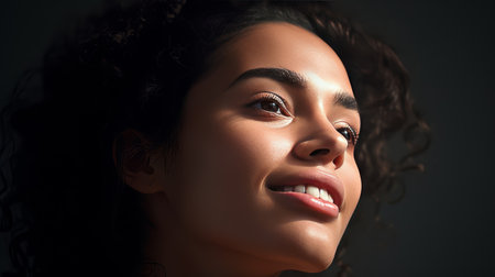 Happiness, joy, thinking positive, having good thoughts in mind. Black skin woman head in the sunshine. Mental health concept.の素材