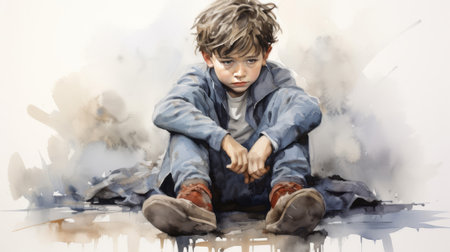 A sad boy in a blue jacket and red shoes sits on the ground, painted in watercolor style on a white background. Concept of loneliness and sadnessの素材