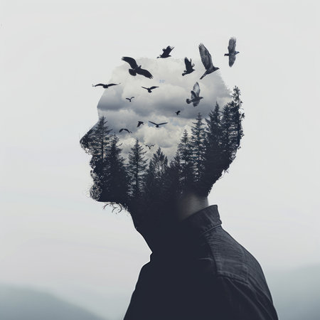 Silhouette head depressed man. Depression, bipolar disorder, post-traumatic stress disorder. Mental health concept.の素材