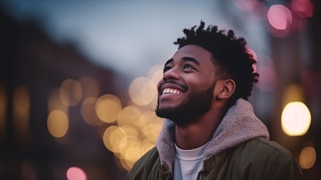 A young man smiling, wearing a casual jacket and hoodie, with colorful bokeh lights in the background, evoking joy and warmthの素材