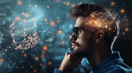 Man developing her emotional intelligence. Concept exploring the mind, self-discovery, introspection, thinking processの素材