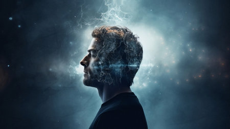 Man developing her emotional intelligence. Concept exploring the mind, self-discovery, introspection, thinking processの素材