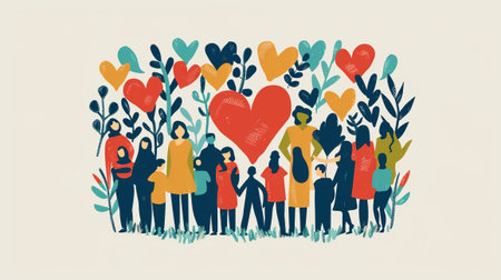 Charity illustration concept with abstract, diverse persons, hands and hearts. Community compassion, love, and support conceptの素材