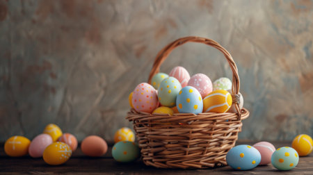 Easter eggs in the woven basket isolated on neutral background. Copy space.の素材