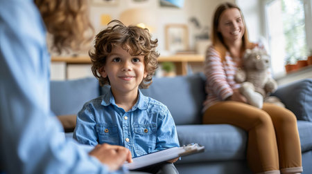 Child boy at session in psychologist's office. Psychologist trying to understand upset child, support him and help cope with problems. Mental health conceptの素材