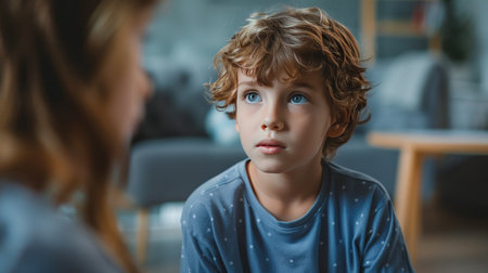 Psychologist trying to understand upset child, support him and help cope with problems. Child boy at session in psychologist's office. Mental health conceptの素材