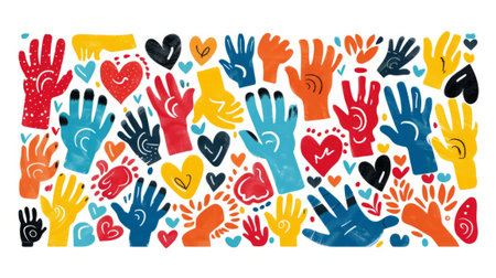 Group of raised hands. Support and assistance. Multicultural and multiethnic community concept.の素材