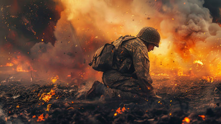 Soldier sitting on the battlefield. Destruction, war scene. Fire and a lot of smoke. Sad combat feelingの素材